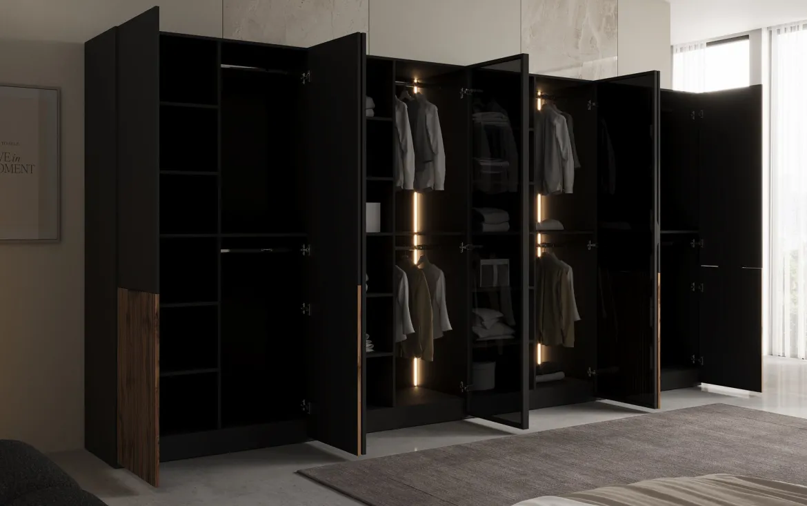 Moduro Arven XL – Viermoduliger Design-Kleiderschrank mit Holz- und Glasfront