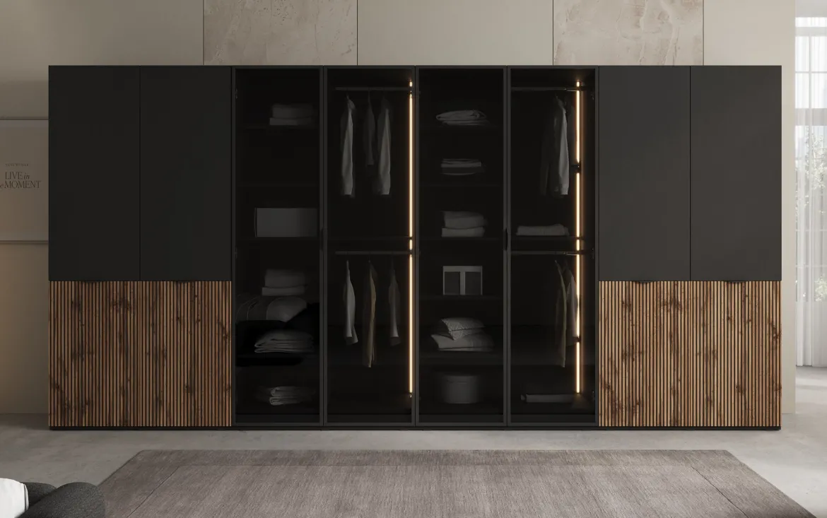 Moduro Arven XL – Viermoduliger Design-Kleiderschrank mit Holz- und Glasfront