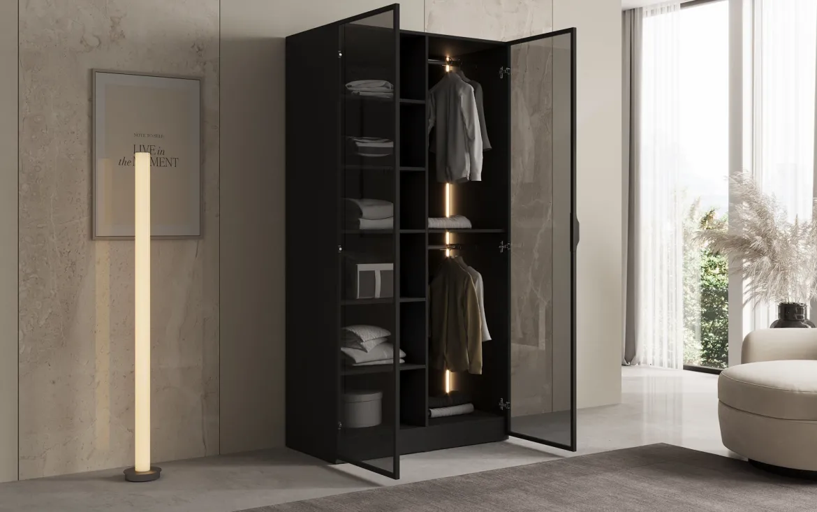 Moduro Luno – Design-Kleiderschrank mit Glasfront und LED-Innenbeleuchtung