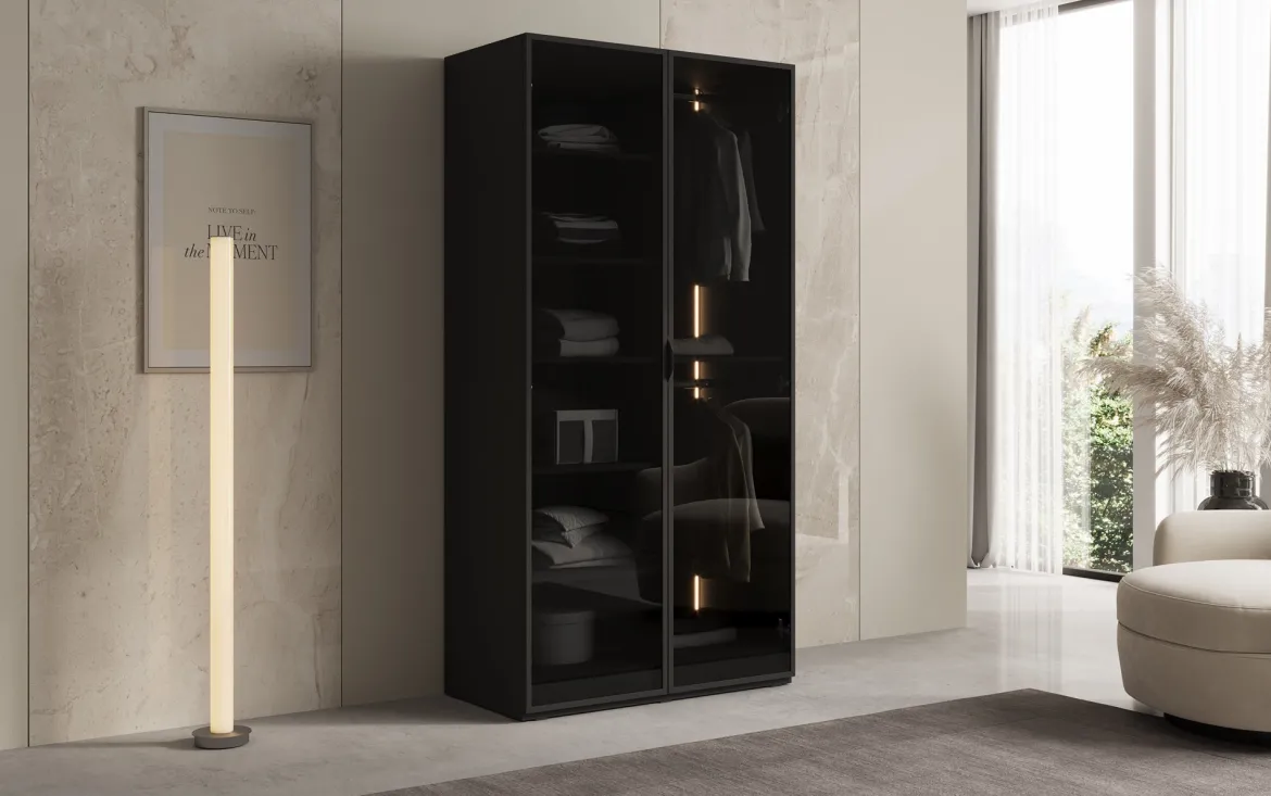 Moduro Luno – Design-Kleiderschrank mit Glasfront und LED-Innenbeleuchtung