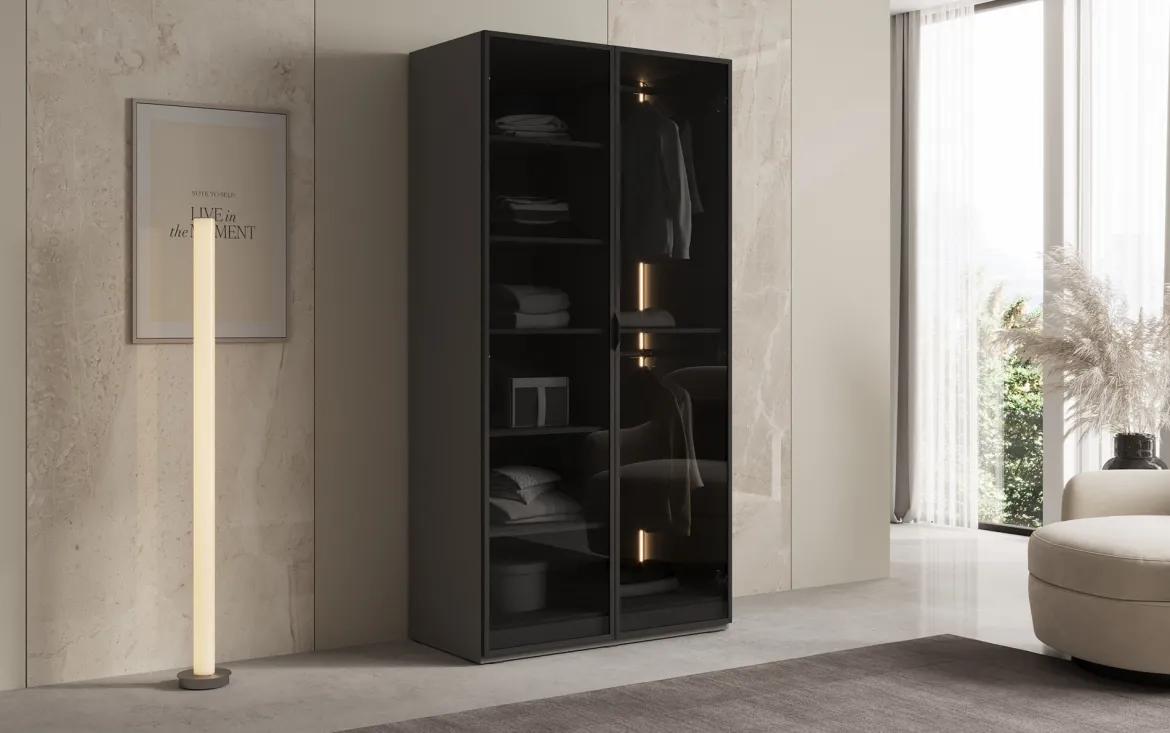 Moduro Luno – Design-Kleiderschrank mit Glasfront und LED-Innenbeleuchtung