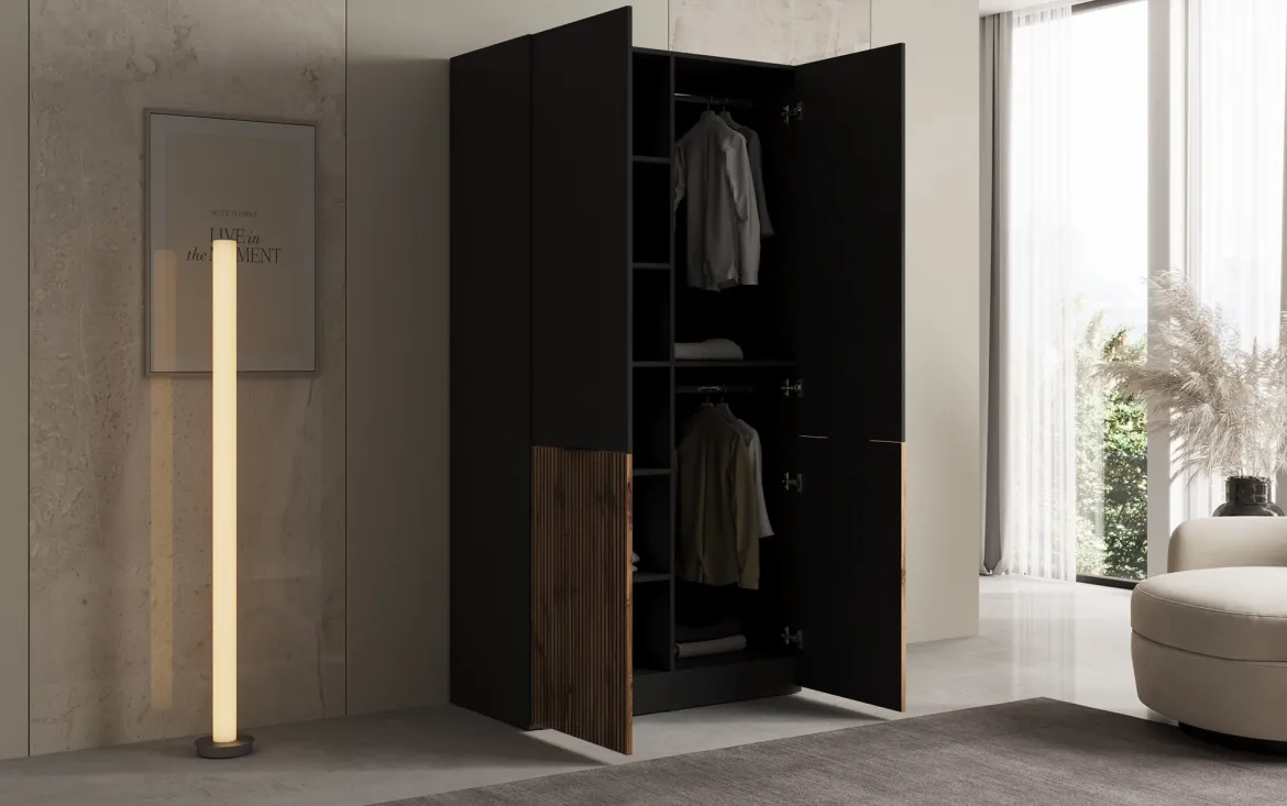 Moduro Naro – Design-Kleiderschrank mit dunklem Korpus und Holzdekor-Front
