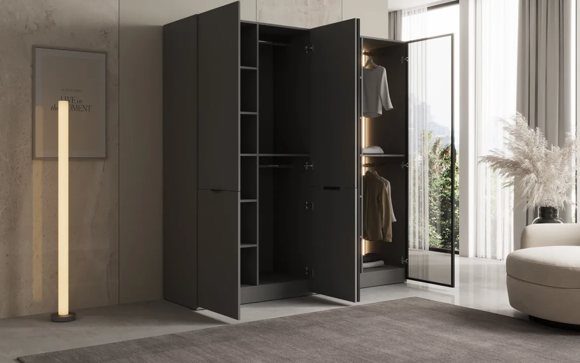 Moduro Nero – Modularer Kleiderschrank mit Glas- und Strukturfront