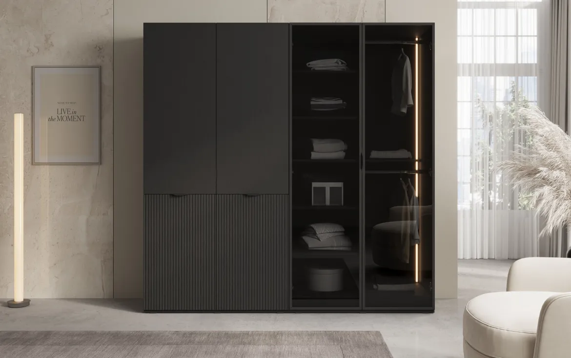 Moduro Nero – Modularer Kleiderschrank mit Glas- und Strukturfront
