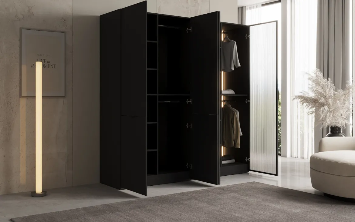 Moduro Ravo – Modularer Kleiderschrank mit geriffelter Glasfront und Strukturpaneel
