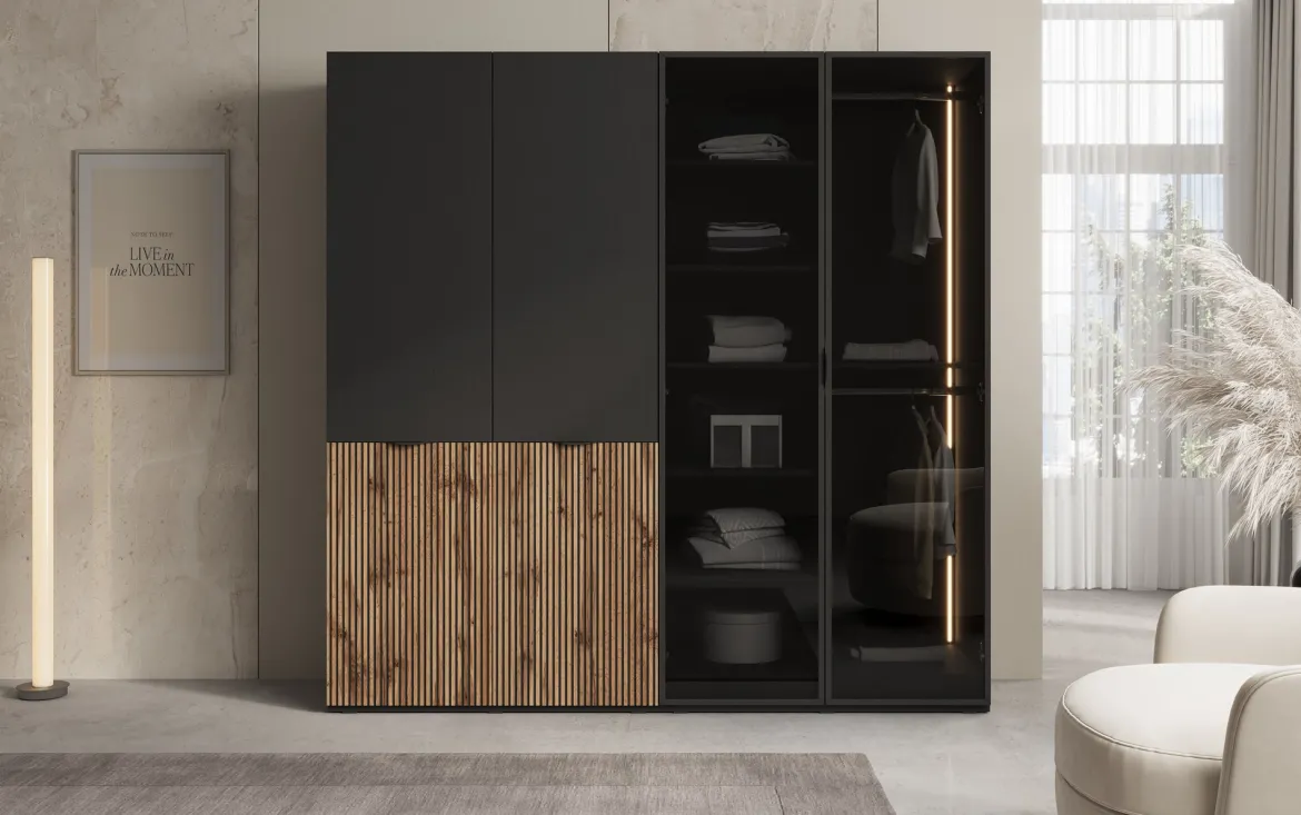 Moduro Varen – Zweimoduliger Design-Kleiderschrank mit Holz- und Glasfront