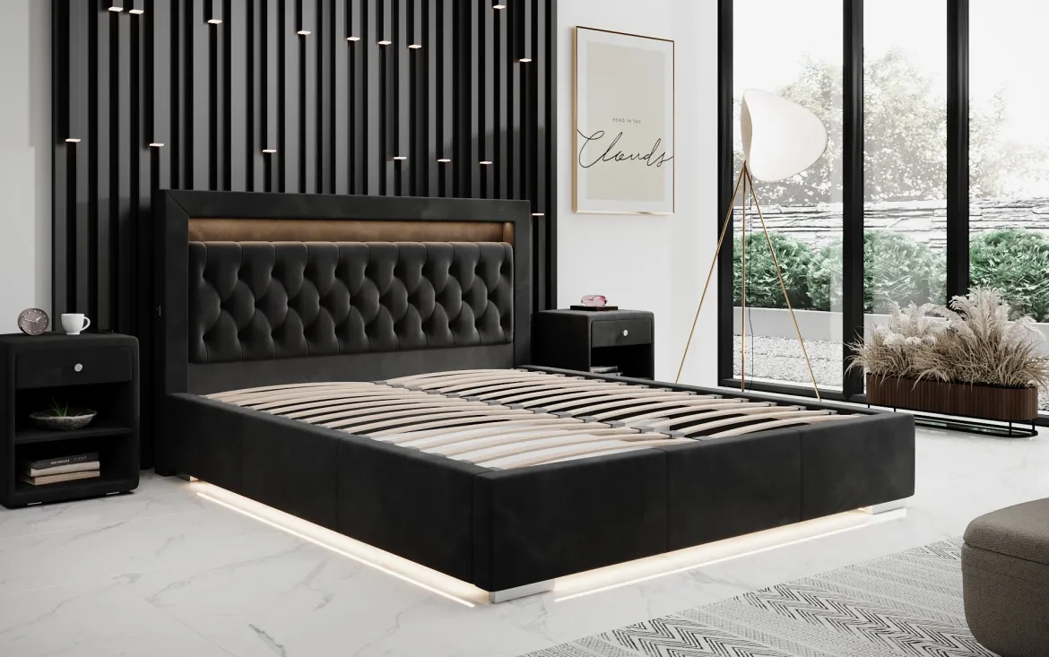 OUTLET-Designer Polsterbett Ida inkl. RGB, USB und Stauraum/200x200/Schwarz/H3