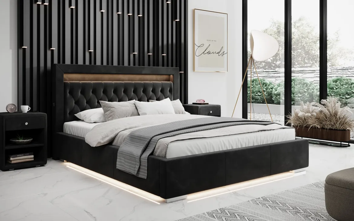 OUTLET-Designer Polsterbett Ida inkl. RGB, USB und Stauraum/200x200/Schwarz/H3