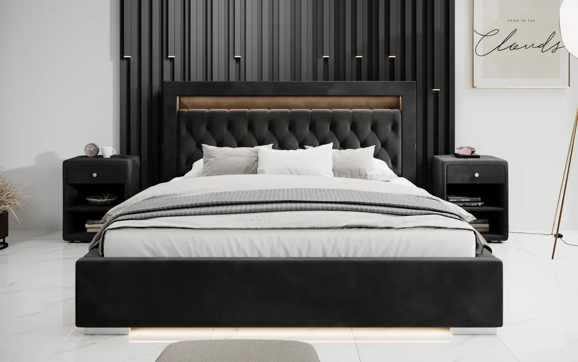 OUTLET-Designer Polsterbett Ida inkl. RGB, USB und Stauraum/200x200/Schwarz/H3