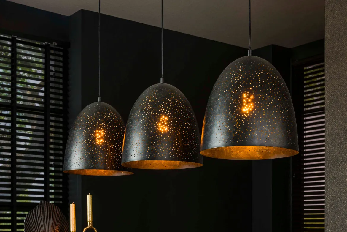 Pendelleuchte „Aliora“ – Mit 3 Leuchten in dunkelgrauer Glockenform im Mesh-Design