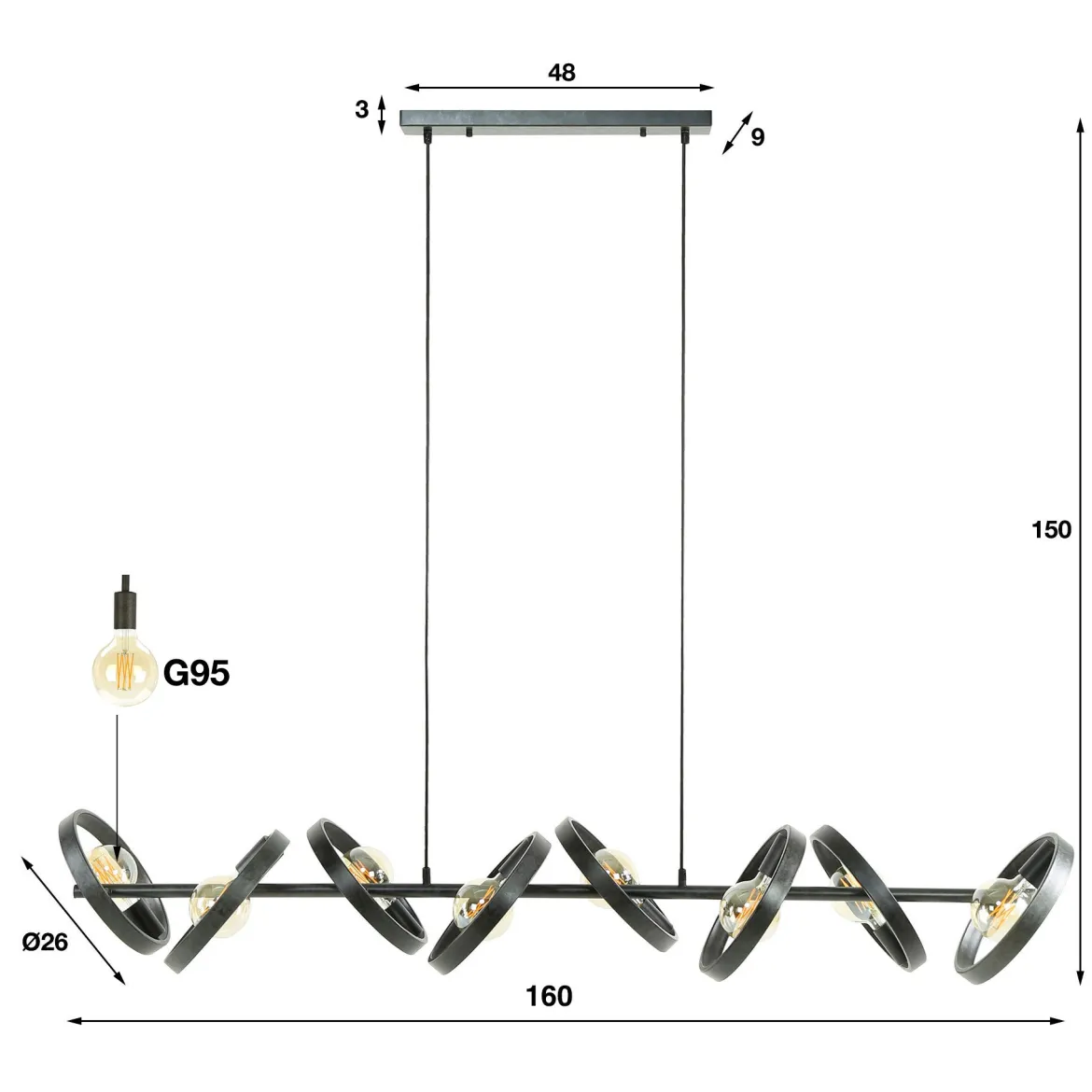 Pendelleuchte Arkon Octa – Offenes Metallrahmen-Design in Charcoal (8-flammig)