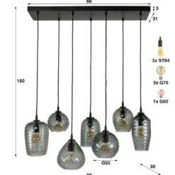 Pendelleuchte „Aurelia“ – mit 7 Leuchten im Rauchglas-Design und Metall Armatur