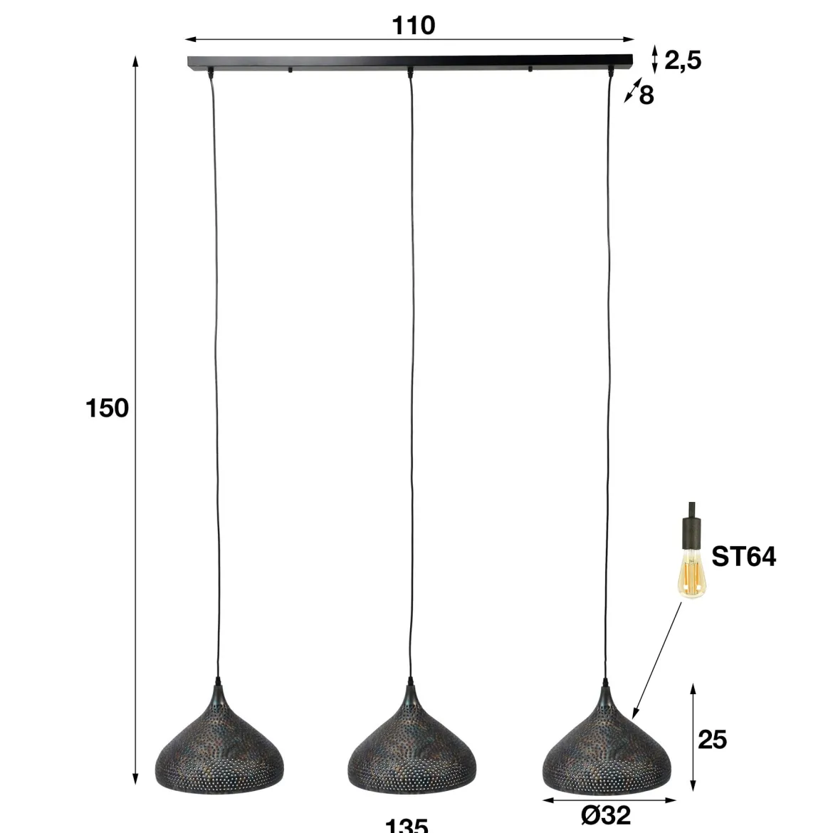 Pendelleuchte "Auron“ – Mit 3 perforierten Lampenschirmen aus Metall in Schwarz-Bronze