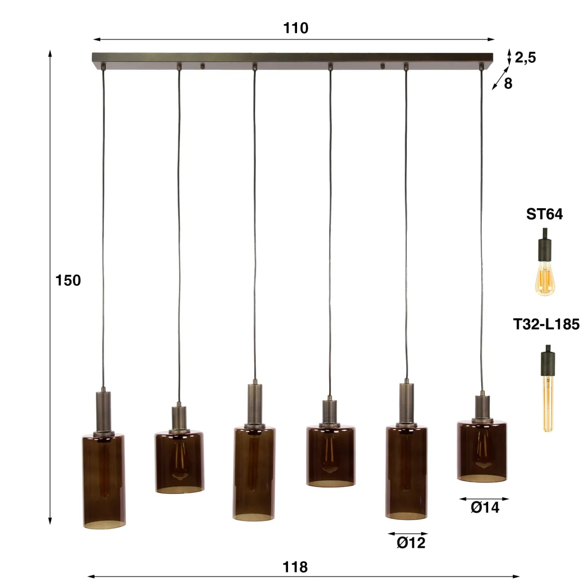 Pendelleuchte Ayu – Zylindrische Glasschirme in Braun (6-flammig)