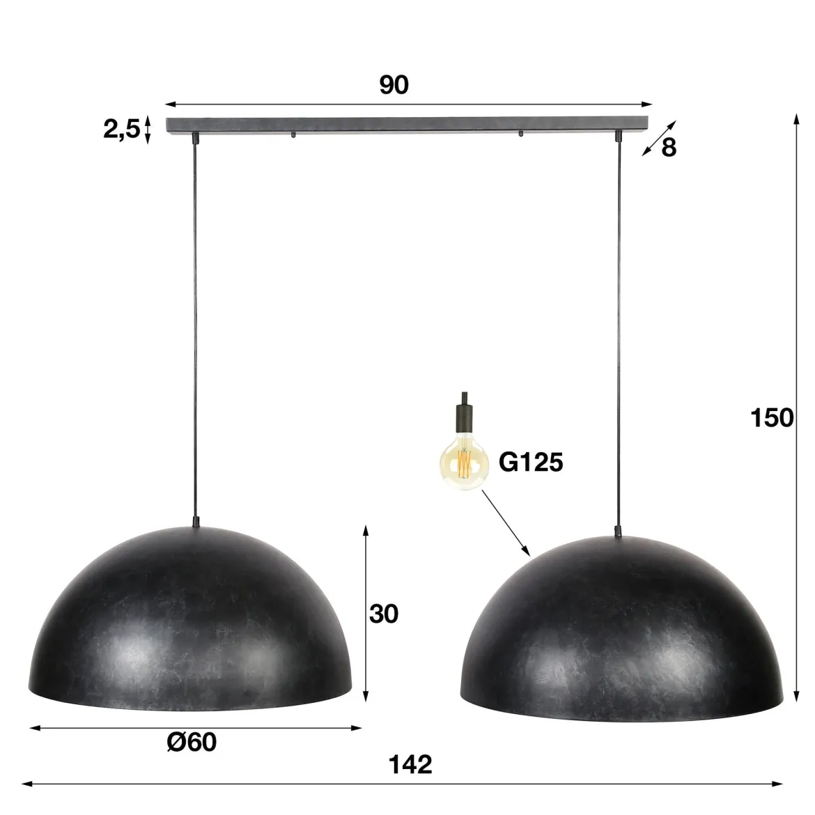 Pendelleuchte „Elandra“ – 2 Leuchten mit 60cm großen, domartigen Lampenschirmen in Dunkelgrau