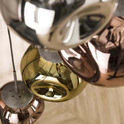 Pendelleuchte „Elaris“ – 7 Leuchten gestuft in der Metall-Farbkombination Gold,Kupfer und Chrom