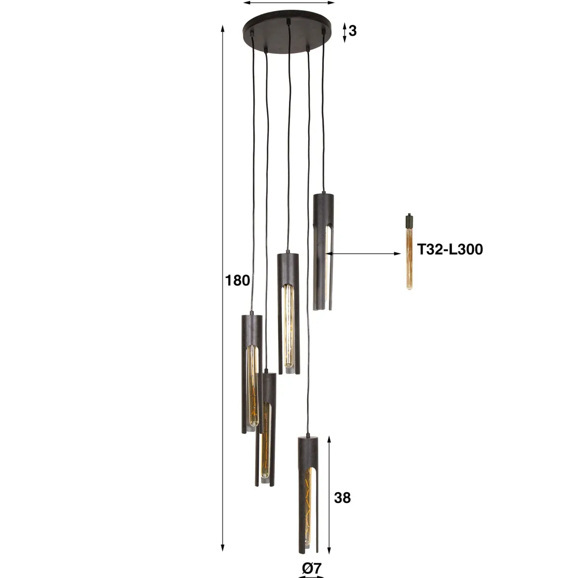 Pendelleuchte „Fenora“ – Gestuft mit 5 Leuchten in schwarzem Tube-Design