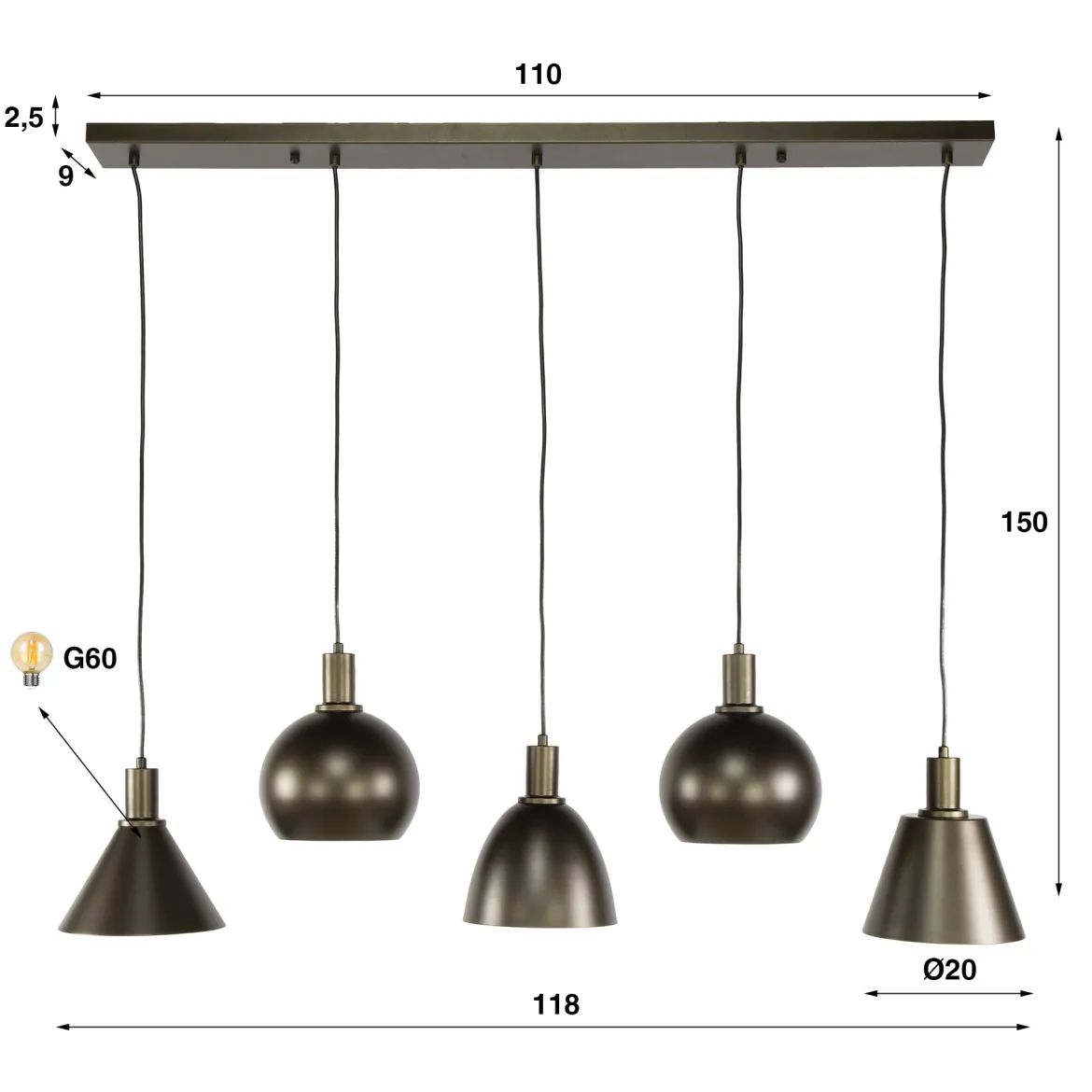 Pendelleuchte "Lumiselle“ – 5 Leuchten aus Metall in unterschiedlichen Formen in Beige oder Bronze