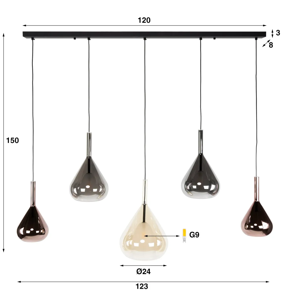 Pendelleuchte "Lysandra“ – 5 tropfenförmige Glasschirme in Bernstein, Kupfer und Chrom