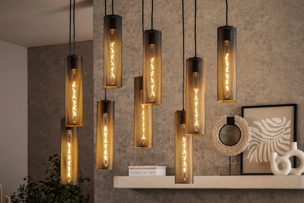 Pendelleuchte „Marcella“ – Mit 9 Leuchten in edlem, schwarzen Tube-Mesh-Design