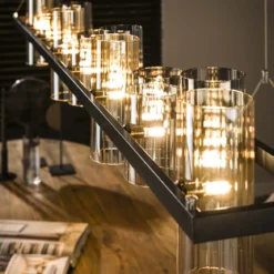 Pendelleuchte "Melvira“ – 14 zylindrische Glasschirme in Bernstein- und Chromoptik