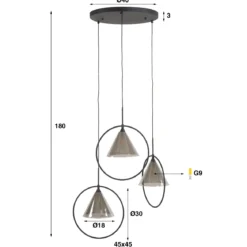 Pendelleuchte „Murielle“ – Gestuft mit 3 Leuchten und Rauchglas im Loop-Design