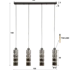 Pendelleuchte „Navaro“ – 4 Leuchten mit verchromten Glasschirmen in Zylinder-Form