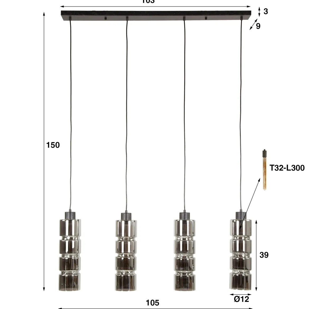 Pendelleuchte „Navaro“ – 4 Leuchten mit verchromten Glasschirmen in Zylinder-Form