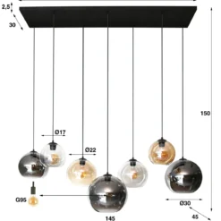 Pendelleuchte "Olivara“ – 7 kugelförmige Glasschirme in Bernstein, Chrom und Hellgrau