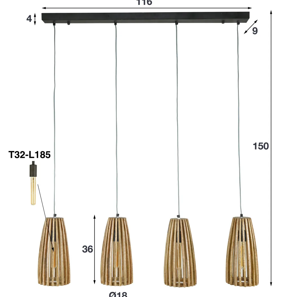 Pendelleuchte „Orenda“ – 4 Leuchten mit Lampenschirmen aus Mangoholz