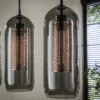 Pendelleuchte „Rivella“ – Mit 4 Leuchten im Rauchglas-Mesh-Design mit zylindrischen Kupfergitterschirmen