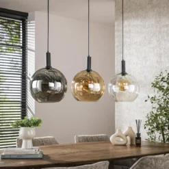 Pendelleuchte "Seralis“ – 3 Glasschirme in Chrom, Bernstein und Transparent mit Metall Armatur