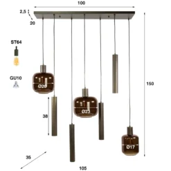 Pendelleuchte Sokka – 7 Leuchten mit Metall- und Glashauben in Braun