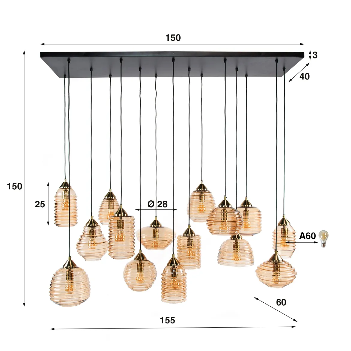 Pendelleuchte "Solaro" – mit 15 Leuchten im Rib-Glass Design und Bernsteinfarben