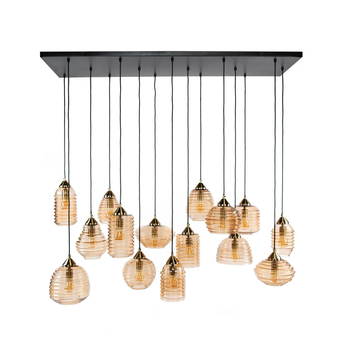 Pendelleuchte "Solaro" – mit 15 Leuchten im Rib-Glass Design und Bernsteinfarben