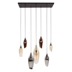 Pendelleuchte "Thalira“ – 7 Glasschirme in Bernstein, Kupfer und Chrom mit Metall-Armatur