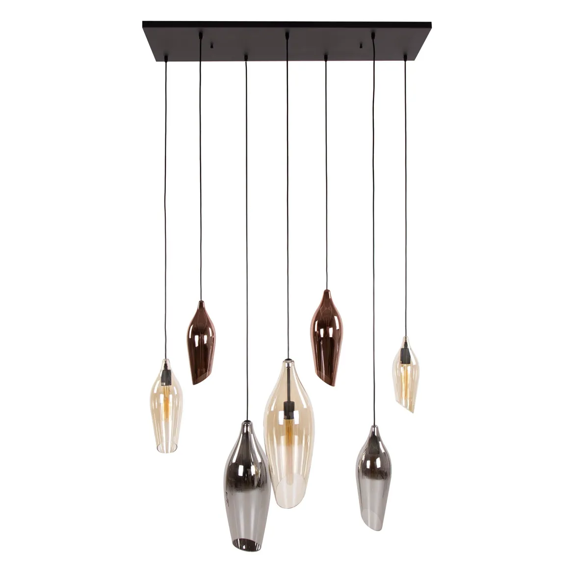 Pendelleuchte "Thalira“ – 7 Glasschirme in Bernstein, Kupfer und Chrom mit Metall-Armatur
