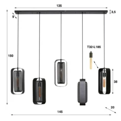 Pendelleuchte „Venalis“ – 5 Leuchten mit drehbaren Gitter-Lampenschirmen und individuell höhenverstellbar