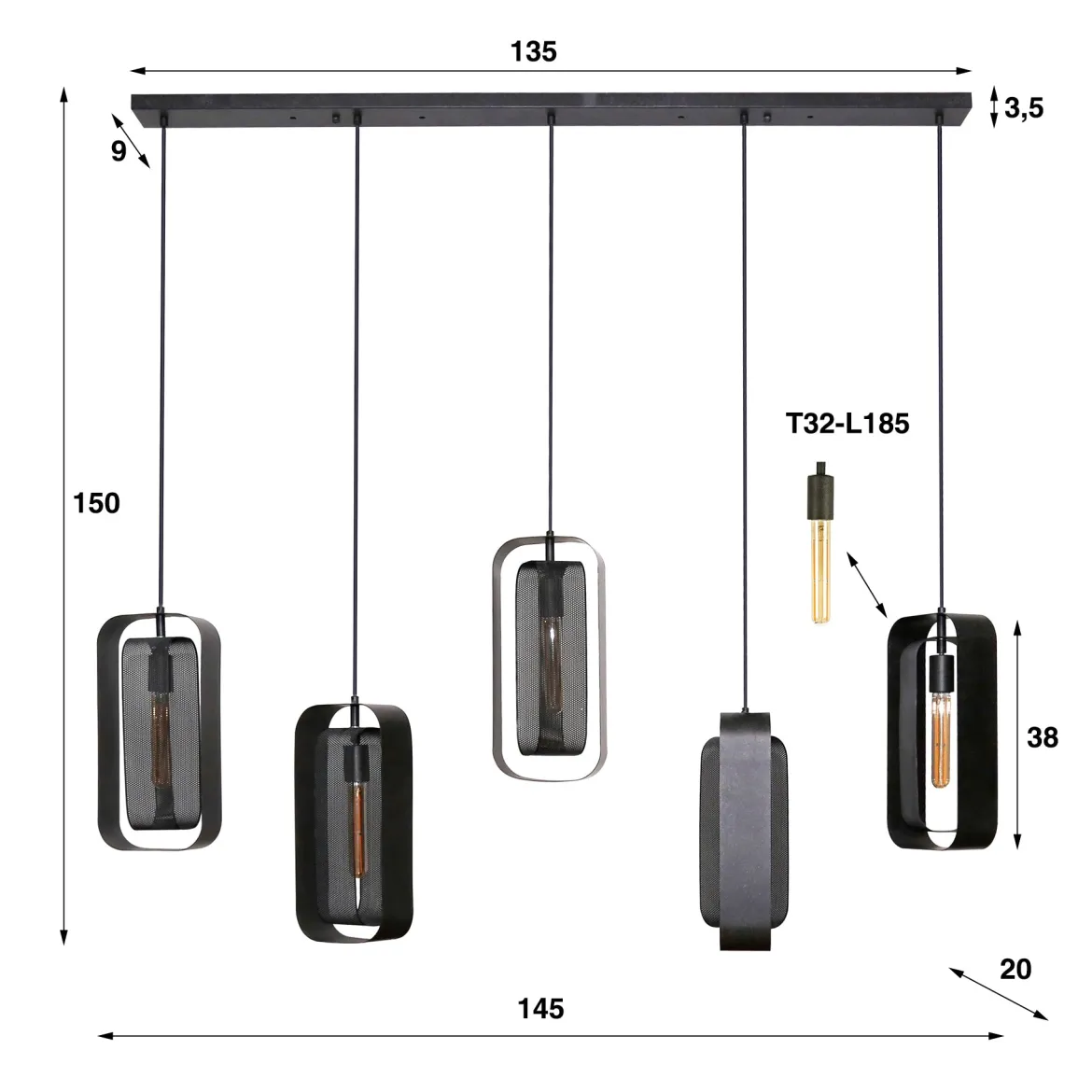 Pendelleuchte „Venalis“ – 5 Leuchten mit drehbaren Gitter-Lampenschirmen und individuell höhenverstellbar