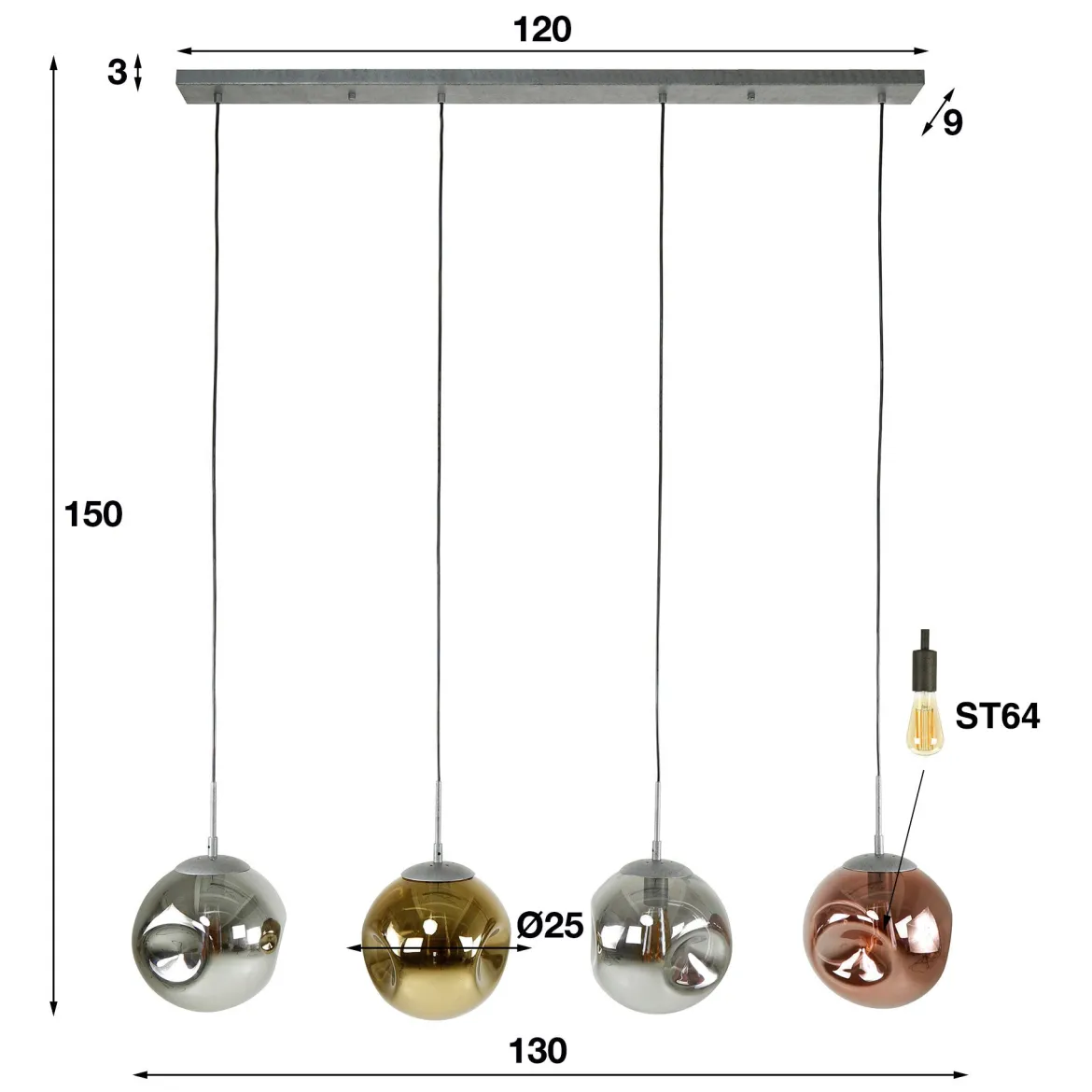 Pendelleuchte „Virelli“ – 4 Leuchten in der Metall-Farbkombination Gold, Kupfer und Chrom