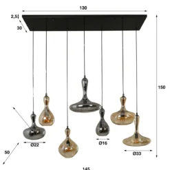 Pendelleuchte "Viretta“ – 7 Glasschirme in Karaffenform mit schwarzer Metall-Armatur