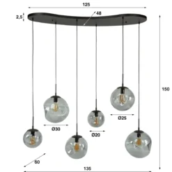 Pendelleuchte „Zephyra“ – 6 Leuchten im Rauchglas Design mit organischem Deckensockel