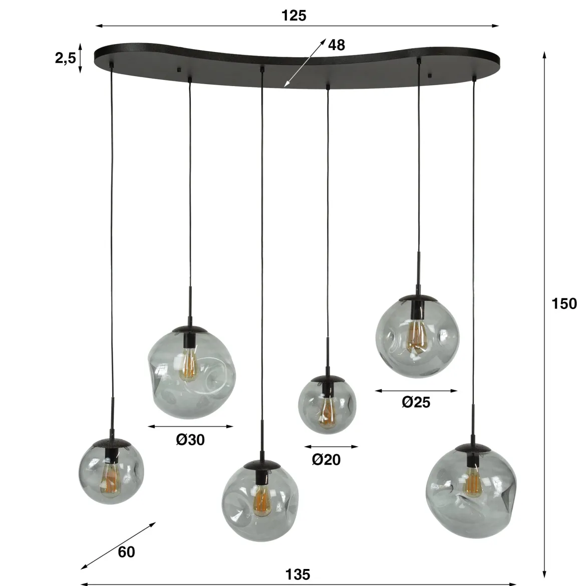 Pendelleuchte „Zephyra“ – 6 Leuchten im Rauchglas Design mit organischem Deckensockel