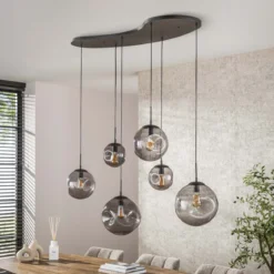 Pendelleuchte „Zephyra“ – 6 Leuchten im Rauchglas Design mit organischem Deckensockel