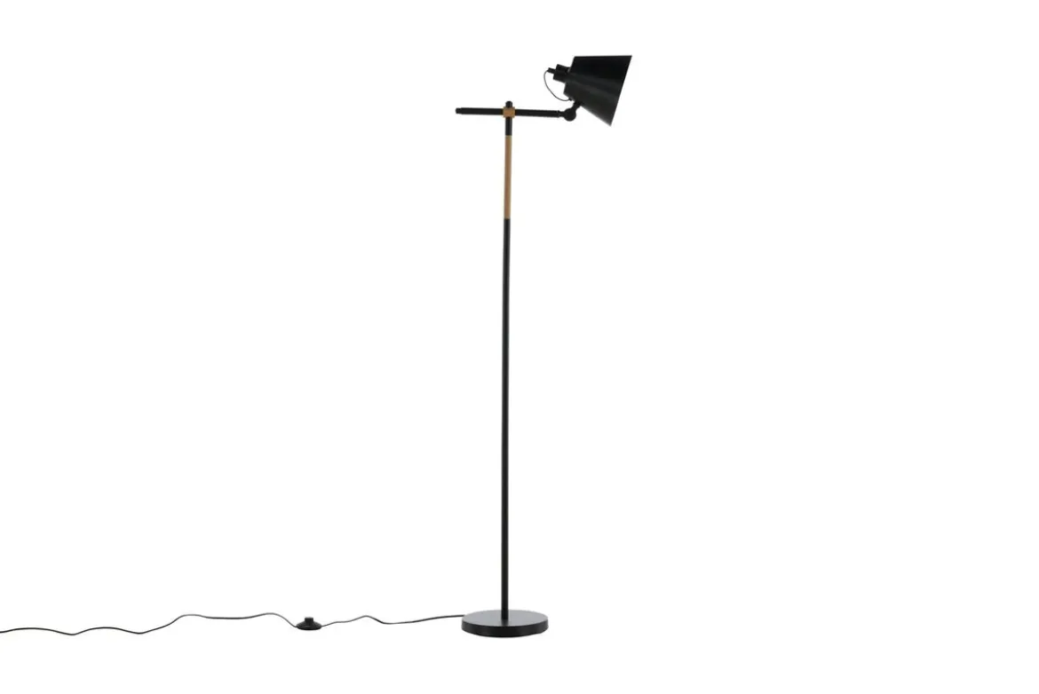 Stehlampe „Grimming“ – ruhige schwarze Klarheit mit Holzdetails