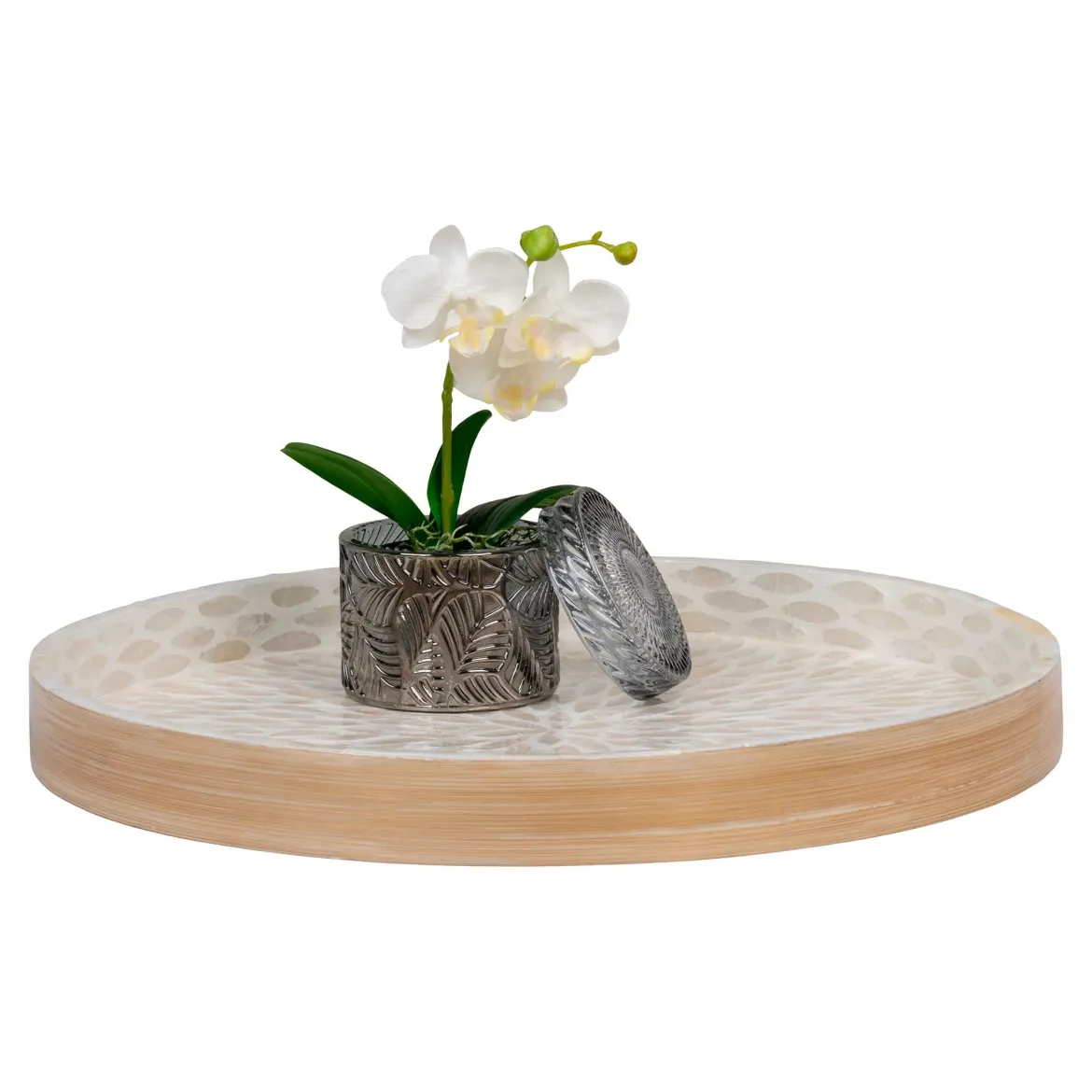 Tablett „Mavira“ – Rundes Bambus-Design mit Capiz-Oberfläche