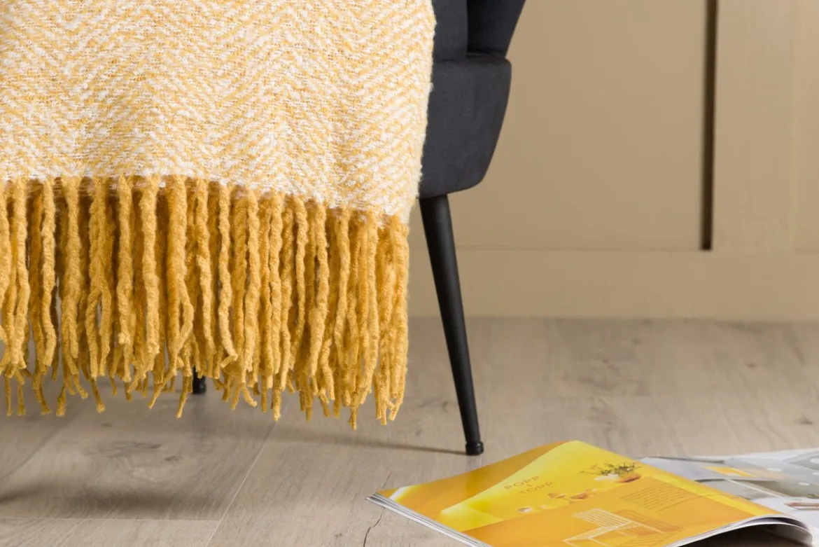 Tagesdecke Velora Gelb – 170×130 cm mit Fransen & Strukturwebung