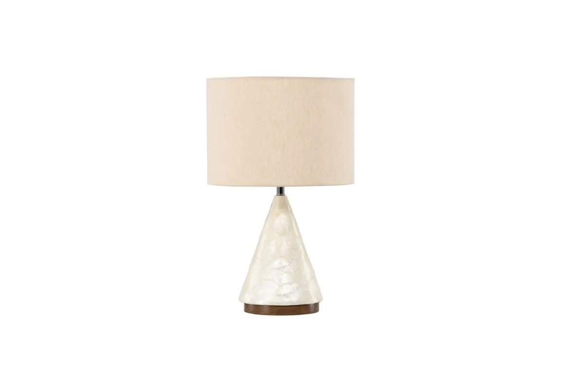 Tischlampe „Pyramidea“ – Elegantes Design aus Capiz & Jute in Hellgrau