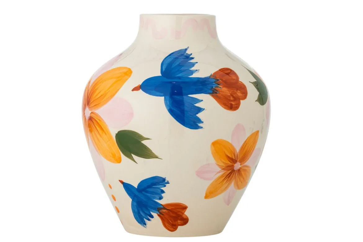 Vase Mariella – handbemalte Steingutvase in Bunt mit Vogelmotiv