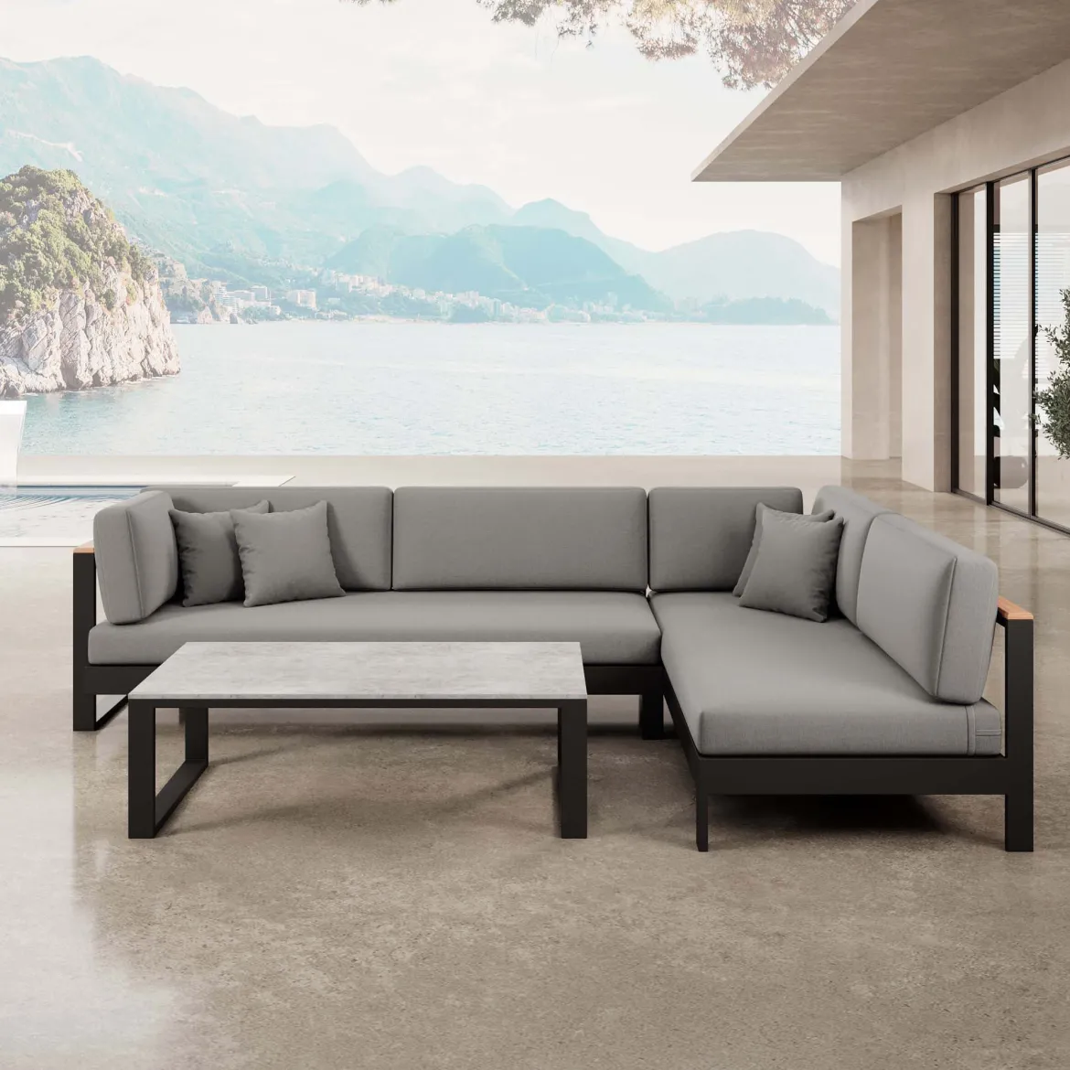 Vayla – Ecklounge, Ecksofa & Tisch aus schwarzem Aluminium | Aevora™ Kollektion